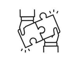 Icona del contorno della linea di due mani che mettono insieme un pezzo del puzzle
